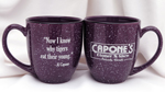 Purple bistro coffee mugs with Capone's logo imprint
