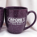 Purple bistro coffee mugs with Capone's logo imprint